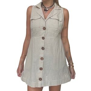 Free People Cotton Khaki Linen Button Down Mini Dress